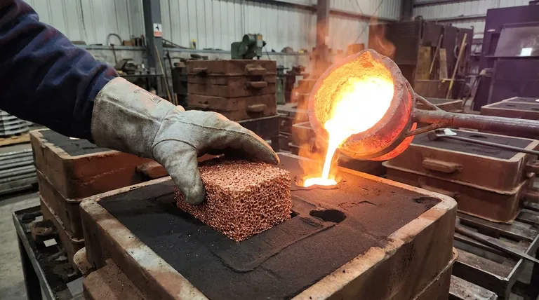 OPERATOR HOLDING AN INSERT DURING CASTING AND OBSERVING TO AVOID HESITATION EFFECT